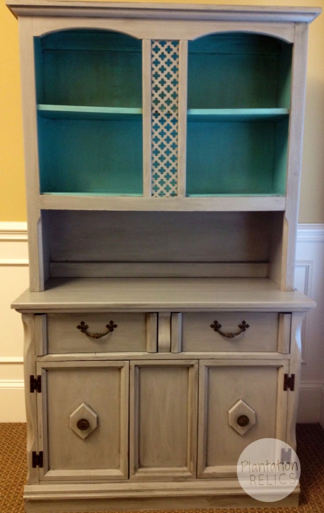 Gray grey and aqua hutch