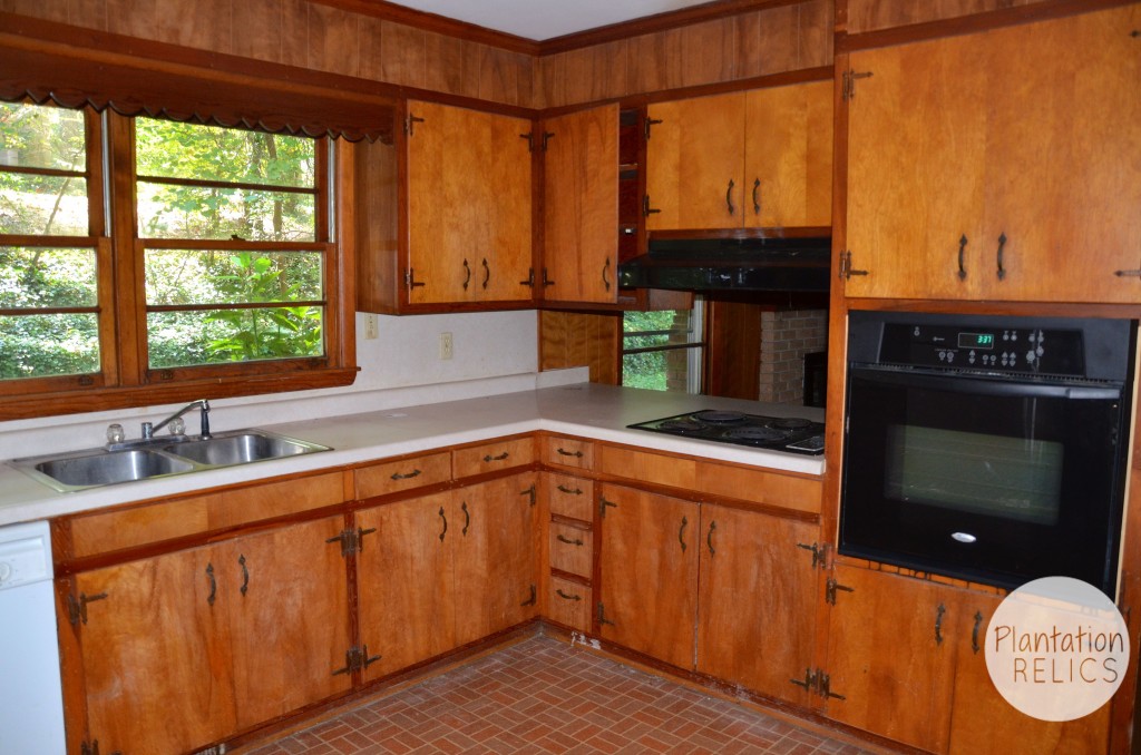 A view of the corner of the kitchen in its before state.